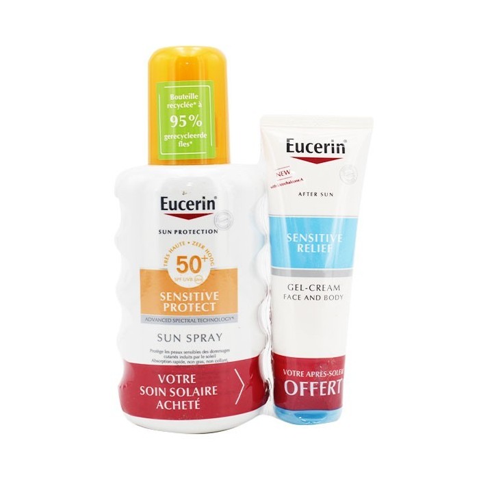 Eucerin Sun OFFRE  Sun Spray SPF 50+ 200 ml + gel crème sensitive 50 ml offert
