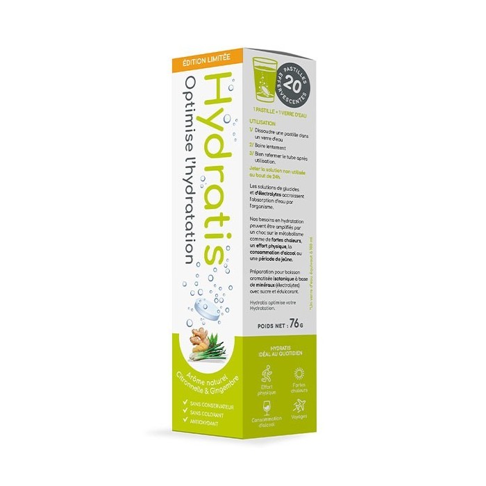 Hydratis Solution d'Hydratation citronnelle et gingembre Boite de 20 pastilles Hydratis Solution d'Hydratation citronnelle et gingembre Boite de 20 pastilles