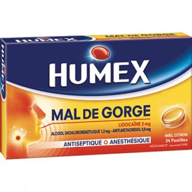 HUMEX MAL DE GORGE Goût miel citron  20mg Pastilles Plaquette de 24