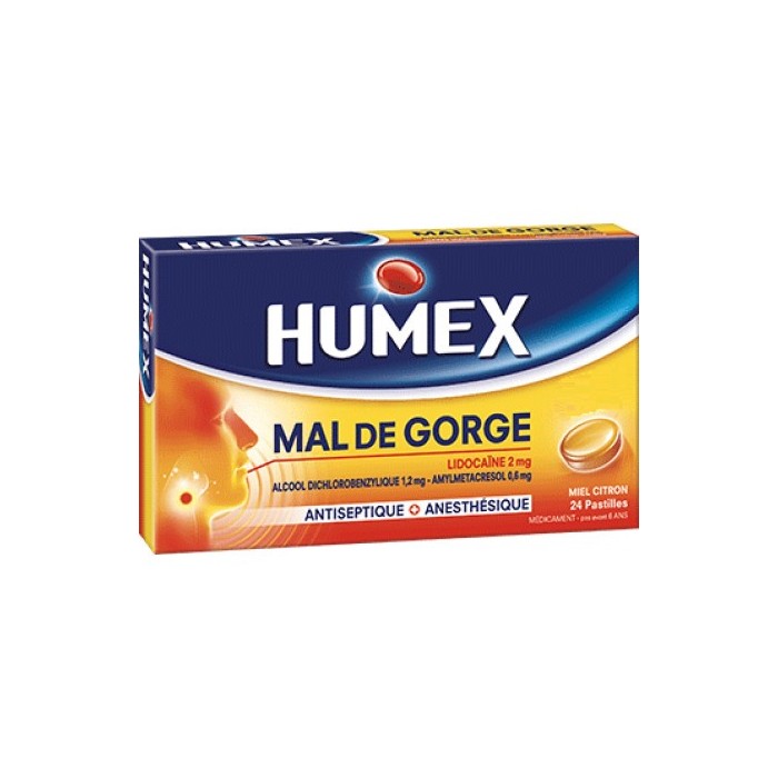HUMEX MAL DE GORGE Goût miel citron  20mg Pastilles Plaquette de 24