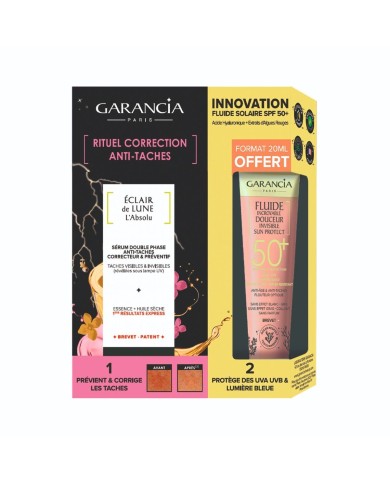 GARANCIA ECLAIR DE LUNE Rituel anti taches Double sérum Flacon de 30 ml + Fluide solaire SPF 50+ 20 ML offert GARANCIA ECLAIR DE LUNE Rituel anti taches Double sérum Flacon de 30 ml + Fluide solaire SPF 50+ 20 ML offert