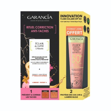 GARANCIA ECLAIR DE LUNE Rituel anti taches Double sérum Flacon de 30 ml + Fluide solaire SPF 50+ 20 ML offert GARANCIA ECLAIR DE LUNE Rituel anti taches Double sérum Flacon de 30 ml + Fluide solaire SPF 50+ 20 ML offert
