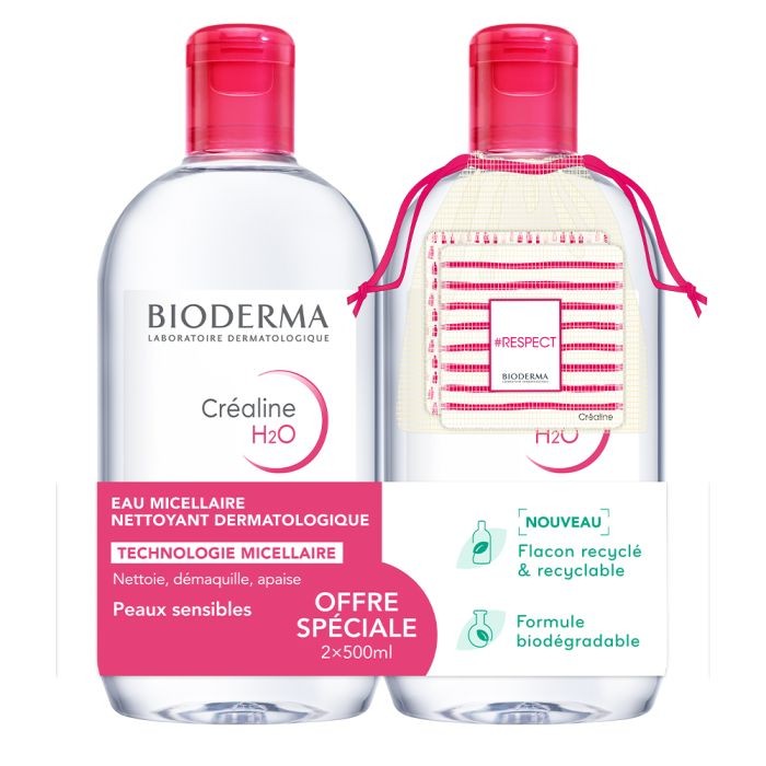 BIODERMA Créaline H2O Solution micellaire peaux sensibles Lot de 2 Flacons de 500 ml BIODERMA Créaline H2O Solution micellaire peaux sensibles Lot de 2 Flacons de 500 ml