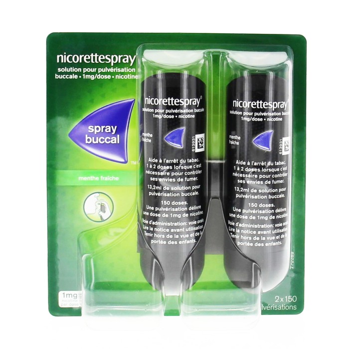 NICORETTESPRAY Solution pour Pulvérisation Buccale menthe Fraiche 1mg 2 Flacons de 150Doses