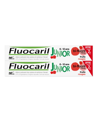 Fluocaril Junior Dentifrice 6-12 ans - Arôme : Fruits Rouges Lot de 2 Tubes de 75 ml