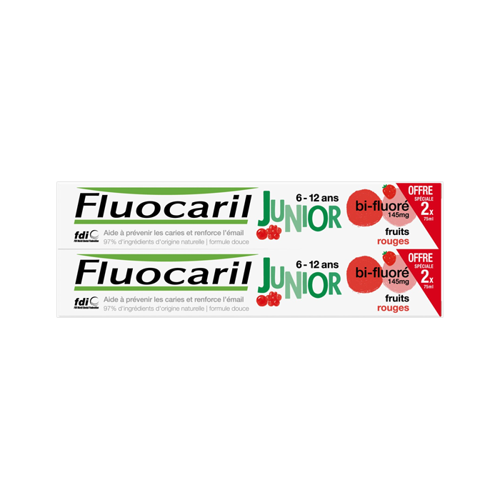 Fluocaril Junior Dentifrice 6-12 ans - Arôme : Fruits Rouges Lot de 2 Tubes de 75 ml Fluocaril Junior Dentifrice 6-12 ans - Arôme : Fruits Rouges Lot de 2 Tubes de 75 ml