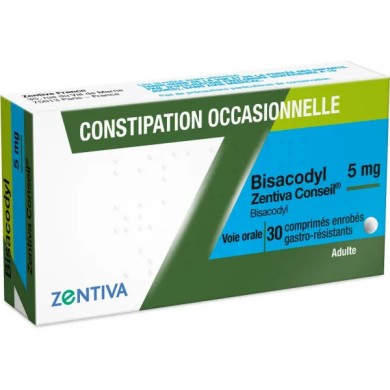 BISACODYL 5mg (DULCOLAX) zentiva Comprimés contre la constipation occasionnelle Boite de 30