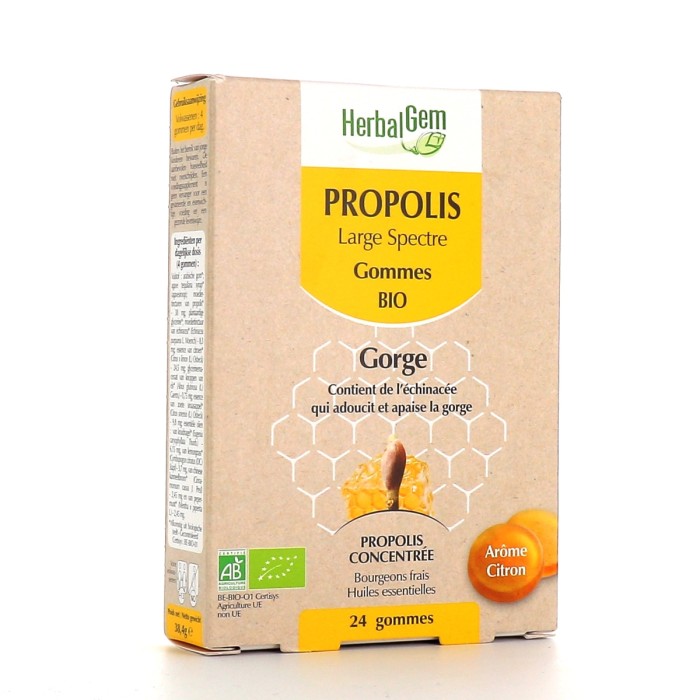 Herbalgem Propolis Large Spectre Gommes Bio arôme citron Boite de 24 gommes