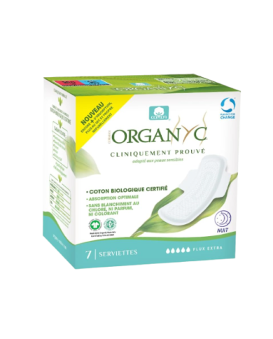 ORGANYC Bio Serviettes EXTRA Boite de 7 serviettes spécial nuit ou flux abondant