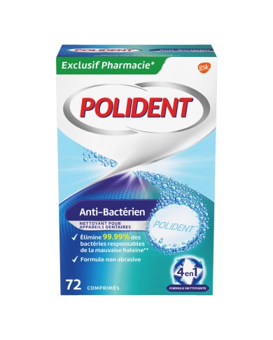 POLIDENT Anti-Bactérien Nettoyant pour appareil dentaire Boite de 72 comprimés