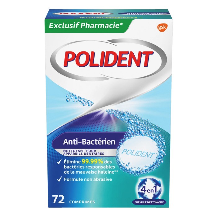 POLIDENT Anti-Bactérien Nettoyant pour appareil dentaire Boite de 72 comprimés