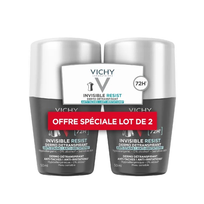 VICHY HOMME Détranspirant 72h Anti-Taches Anti-Irritations pour Peaux Sensibles Lot de 2 Billes de 50ml