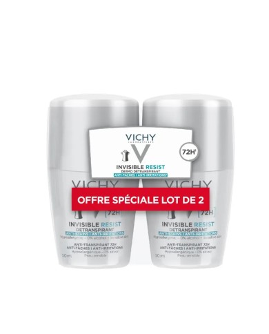 VICHY INVISIBLE RESIST Détranspirant 72H Anti-Taches Anti-Irritations - Peaux Sensibles, Lot de 2 Billes 50ml VICHY INVISIBLE RESIST Détranspirant 72H Anti-Taches Anti-Irritations - Peaux Sensibles, Lot de 2 Billes 50ml