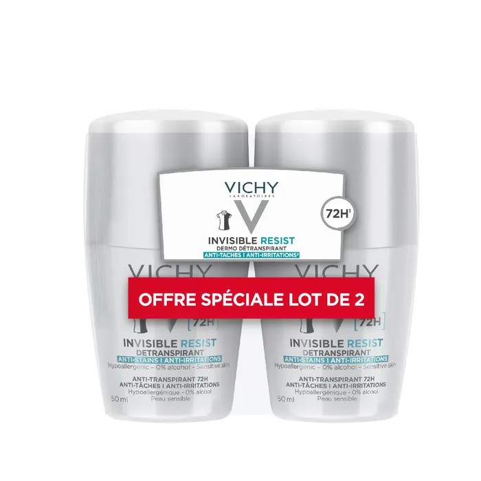 VICHY INVISIBLE RESIST Détranspirant 72H Anti-Taches Anti-Irritations - Peaux Sensibles, Lot de 2 Billes 50ml