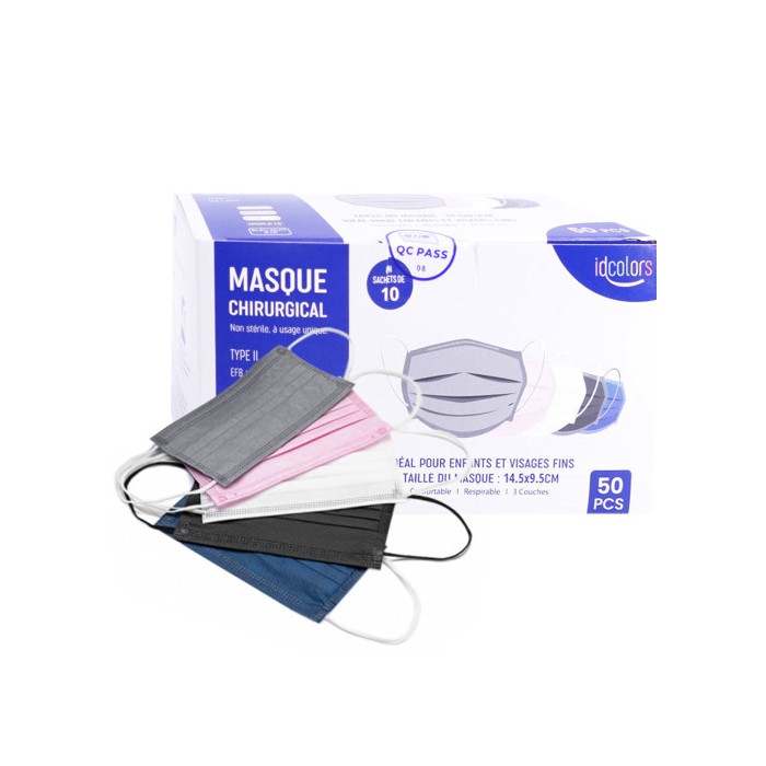 Masques chirurgicaux jetables pour enfants Boite de 10 x 5 couleurs