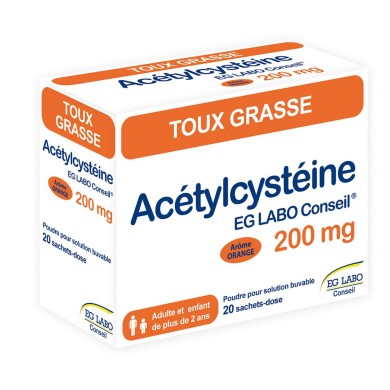 ACETYLCYSTEINE EG Conseil 200 mg Toux grasse Boite de 20 sachets arôme citron