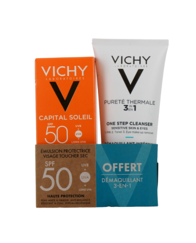 Vichy Capital Soleil Emulsion protectrice Toucher Sec SPF50 Tube de 50 ml + démaquillant offert Vichy Capital Soleil Emulsion protectrice Toucher Sec SPF50 Tube de 50 ml + démaquillant offert