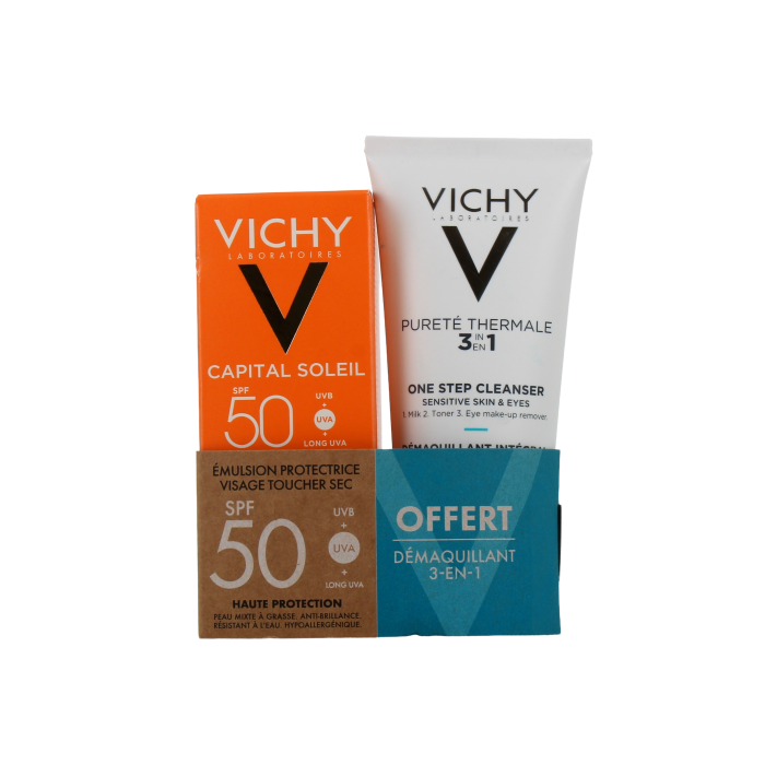 Vichy Capital Soleil Emulsion protectrice Toucher Sec SPF50 Tube de 50 ml + démaquillant offert