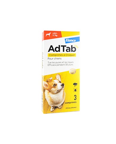 ADTAB Tue les puces et les tiques Chien de  5.5 kg à 11 kilos Boite de 3 Comprimés à Croquer ADTAB Tue les puces et les tiques Chien de  5.5 kg à 11 kilos Boite de 3 Comprimés à Croquer