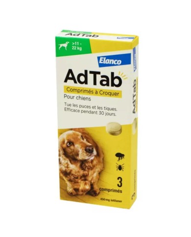 ADTAB Tue les puces et les tiques Chien de  11 kg à 22 kilos Boite de 3 Comprimés à Croquer ADTAB Tue les puces et les tiques Chien de  11 kg à 22 kilos Boite de 3 Comprimés à Croquer