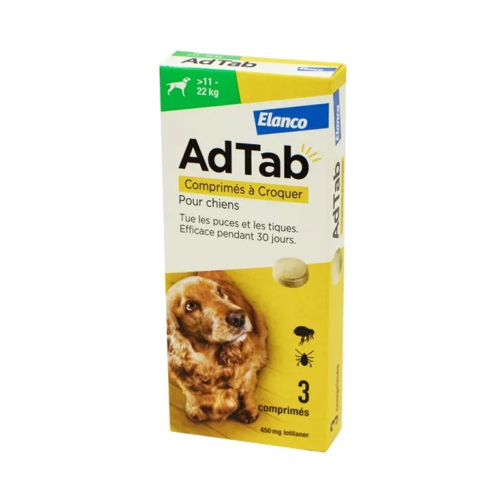 ADTAB Tue les puces et les tiques Chien de  11 kg à 22 kilos Boite de 3 Comprimés à Croquer