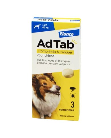 ADTAB Tue les puces et les tiques Chien de  22kg à 45 kilos Boite de 3 Comprimés à Croquer ADTAB Tue les puces et les tiques Chien de  22kg à 45 kilos Boite de 3 Comprimés à Croquer