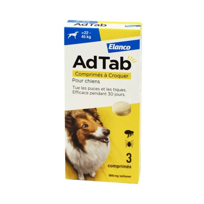 ADTAB Tue les puces et les tiques Chien de  22kg à 45 kilos Boite de 3 Comprimés à Croquer