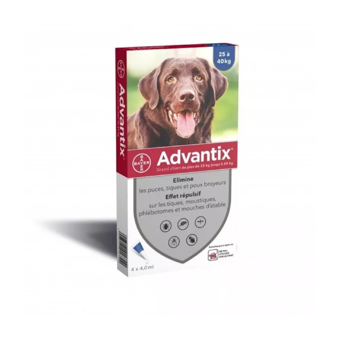 ADVANTIX Chiens 25-40 Kilos puces tiques et poux Boite de 4 pipettes