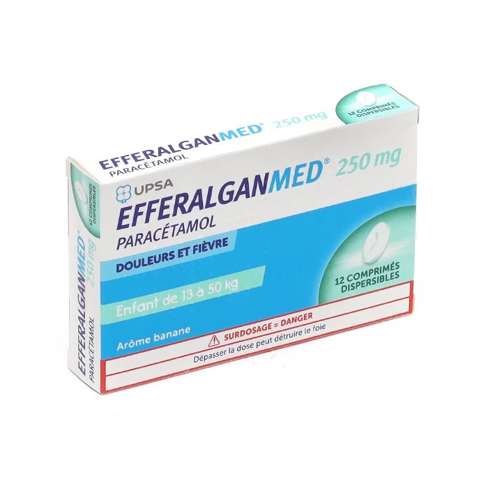 Efferalgan Enfant 250 mg Boite de 12 comprimés dispersible arôme banane Efferalgan Enfant 250 mg Boite de 12 comprimés dispersible arôme banane