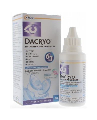 DACRYO Entretien des Lentilles  Solution 6 en 1 à l' Acide Hyaluronique Flacon de 50ml
