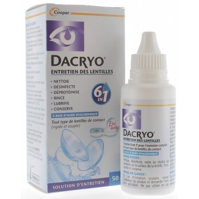 DACRYO Entretien des Lentilles  Solution 6 en 1 à l' Acide Hyaluronique Flacon de 50ml