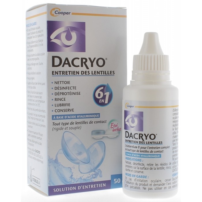 DACRYO Entretien des Lentilles  Solution 6 en 1 à l' Acide Hyaluronique Flacon de 50ml
