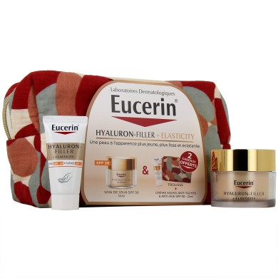 Eucerin Coffret Hyaluron-Filler + Elasticity Soin de Jour SPF 30 avec trousse et crème mains offerte Eucerin Coffret Hyaluron-Filler + Elasticity Soin de Jour SPF 30 avec trousse et crème mains offerte