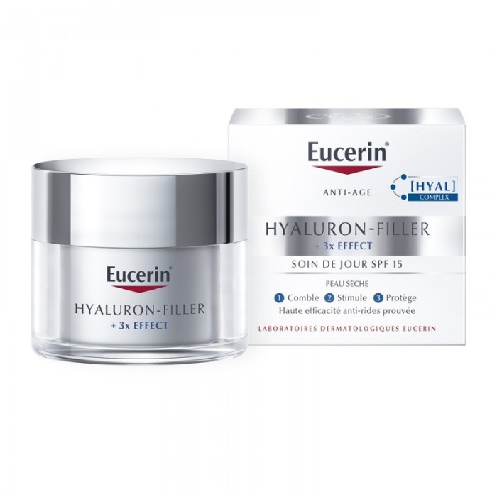 EUCERIN Coffret HYALURON-FILLER + 3x EFFECT Soin de Jour Peau Sèche SPF 15 Pot de 50 ml avec soin de nuit et trousse offerte