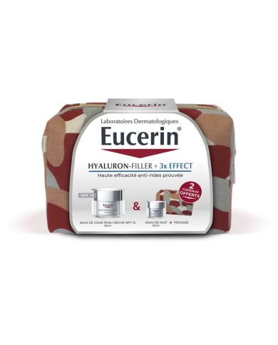 EUCERIN Coffret HYALURON-FILLER + 3x EFFECT Soin de Jour Peau Sèche SPF 15 Pot de 50 ml avec soin de nuit et trousse offerte