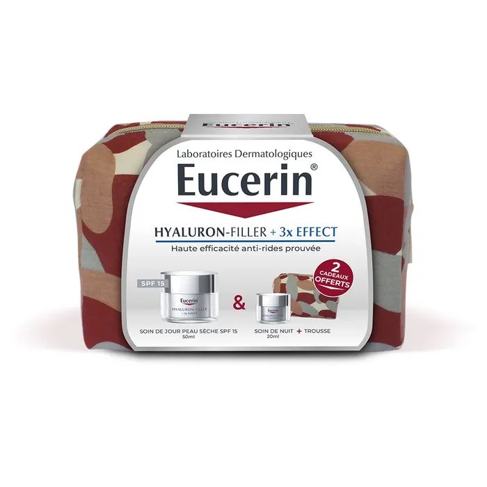 EUCERIN Coffret HYALURON-FILLER + 3x EFFECT Soin de Jour Peau Sèche SPF 15 Pot de 50 ml avec soin de nuit et trousse offerte