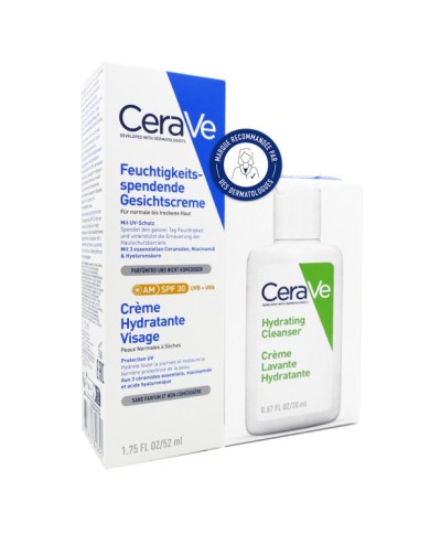 CeraVe Crème Hydratante Visage SPF30 Tube de 52 ml + creme lavante hydratante 20 ml offerte CeraVe Crème Hydratante Visage SPF30 Tube de 52 ml + creme lavante hydratante 20 ml offerte