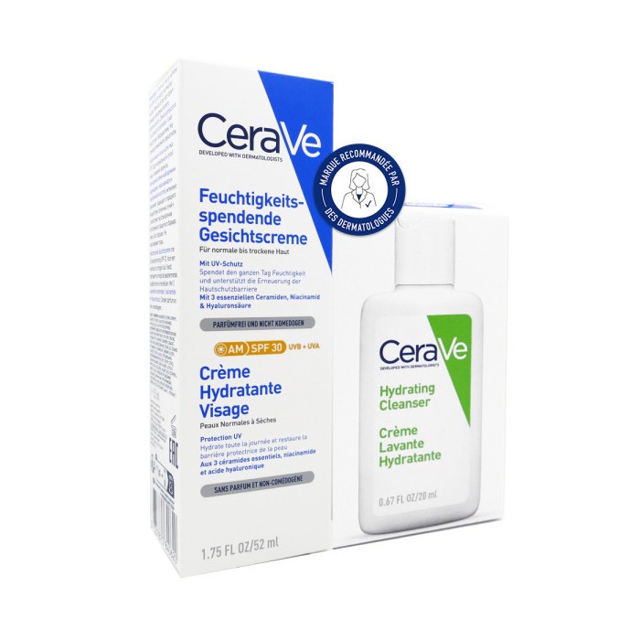 CeraVe Crème Hydratante Visage SPF30 Tube de 52 ml + creme lavante hydratante 20 ml offerte