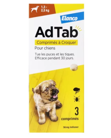 ADTAB Tue les puces et les tiques Chien de  1.3 kg à 2.5 kilos Boite de 3 Comprimés à Croquer ADTAB Tue les puces et les tiques Chien de  1.3 kg à 2.5 kilos Boite de 3 Comprimés à Croquer