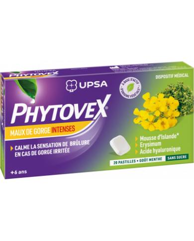 PHYTOVEX MAUX DE GORGE INTENSES Boite de 20 pastilles sans sucre - Goût menthe