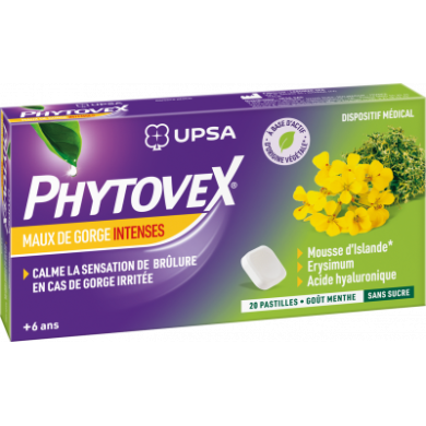 PHYTOVEX MAUX DE GORGE INTENSES Boite de 20 pastilles sans sucre - Goût menthe PHYTOVEX MAUX DE GORGE INTENSES Boite de 20 pastilles sans sucre - Goût menthe