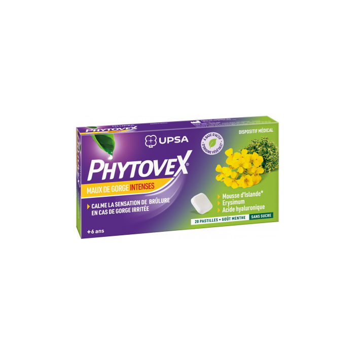 PHYTOVEX MAUX DE GORGE INTENSES Boite de 20 pastilles sans sucre - Goût menthe