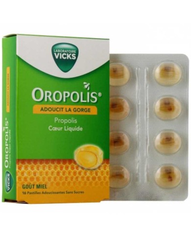 OROPOLIS Pastilles propolis coeur liquide sans sucre Goût Miel Boite de 16