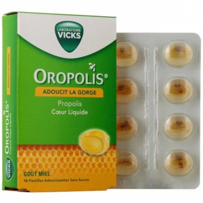 OROPOLIS Pastilles propolis coeur liquide sans sucre Goût Miel Boite de 16 OROPOLIS Pastilles propolis coeur liquide sans sucre Goût Miel Boite de 16