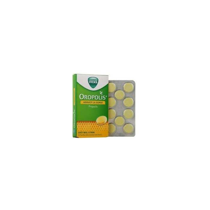 OROPOLIS Pastilles propolis coeur liquide sans sucre Goût Miel-citron Boite de 20
