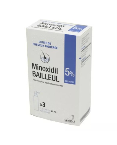 Minoxidil Bailleul 5 %, solution cutanée Boite de 3 Flacons 60ml Minoxidil Bailleul 5 %, solution cutanée Boite de 3 Flacons 60ml