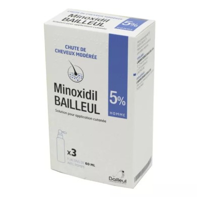 Minoxidil Bailleul 5 %, solution cutanée Boite de 3 Flacons 60ml Minoxidil Bailleul 5 %, solution cutanée Boite de 3 Flacons 60ml