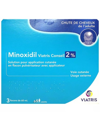 Minoxidil viatris 2 % Chute de cheveux modéré hommes et femmes Coffret de 3 flacons de 60 ml Minoxidil viatris 2 % Chute de cheveux modéré hommes et femmes Coffret de 3 flacons de 60 ml