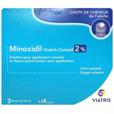 Minoxidil viatris 2 % Chute de cheveux modéré hommes et femmes Coffret de 3 flacons de 60 ml Minoxidil viatris 2 % Chute de cheveux modéré hommes et femmes Coffret de 3 flacons de 60 ml