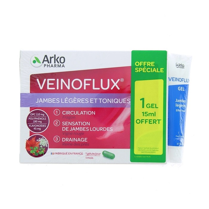 ARKOPHARMA Veinoflux Boite de 30 gélules + 1 tube de 15 ml de gel offert